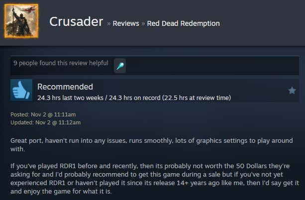 Screenshot of the article titled Red Dead Redemption Remaster, As Reported by Steam Reviews